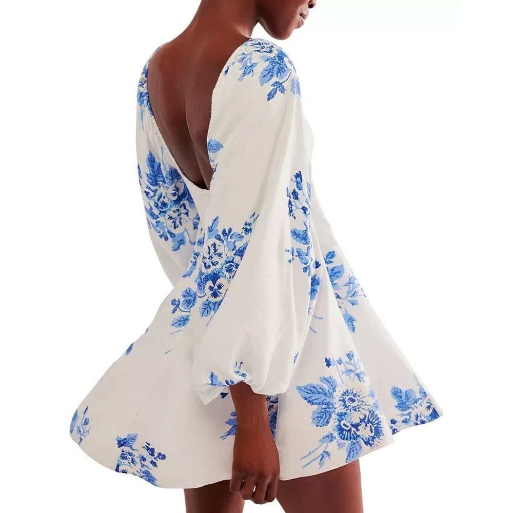 Free People‎ Francesca Mini Dress Floral Pattern Medium Balloon Sleeves EUC - Picture 5 of 12